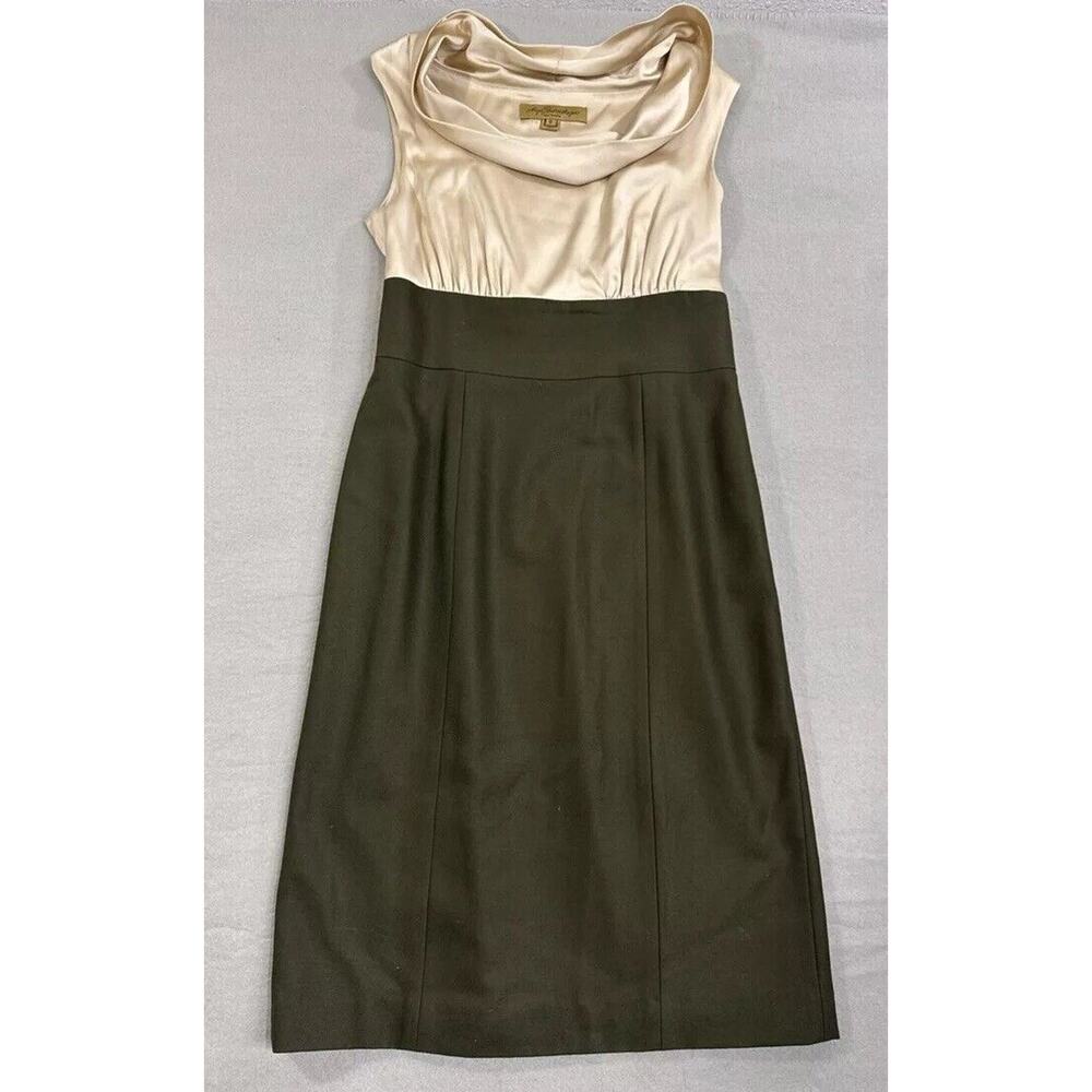 Anya Ponorovskaya Cowl Neck Gold Satin Green Wool Sleeveless Dress Size 8